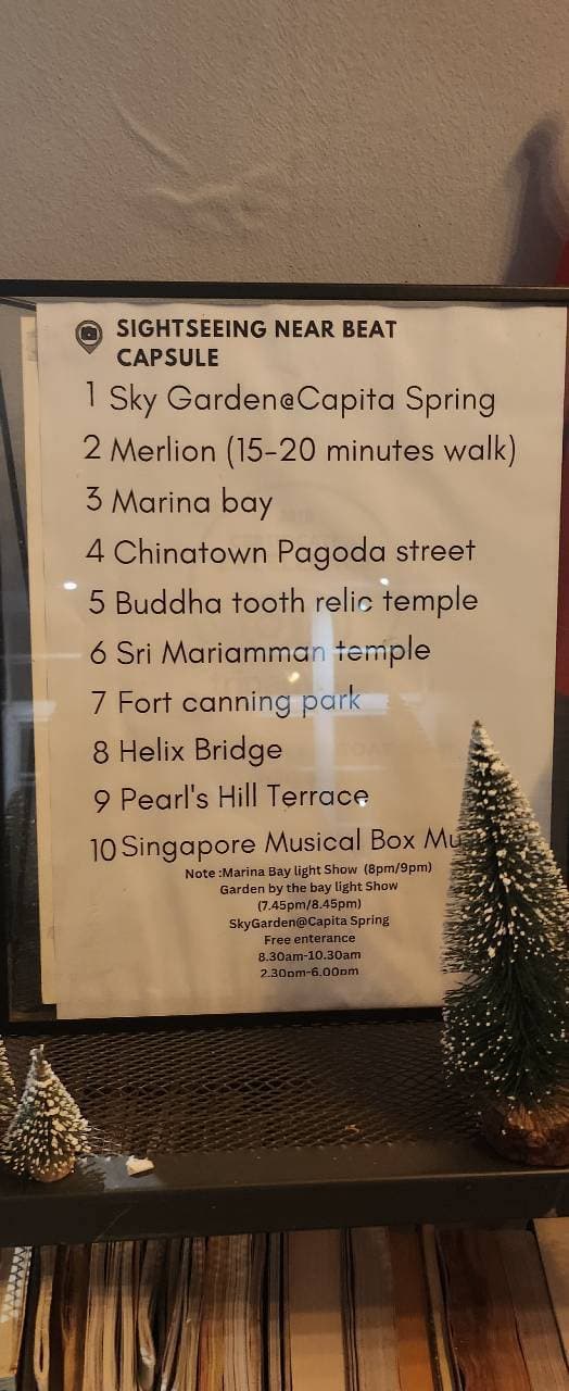 A printed list at the hostel titled Sightseeing near Beat Capsule, from the Sky Garden down to the Musical Box Museum.